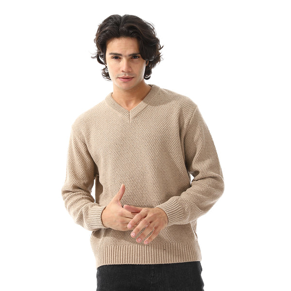 V-Neck Knitted Long Sleeves Pullover - Beige