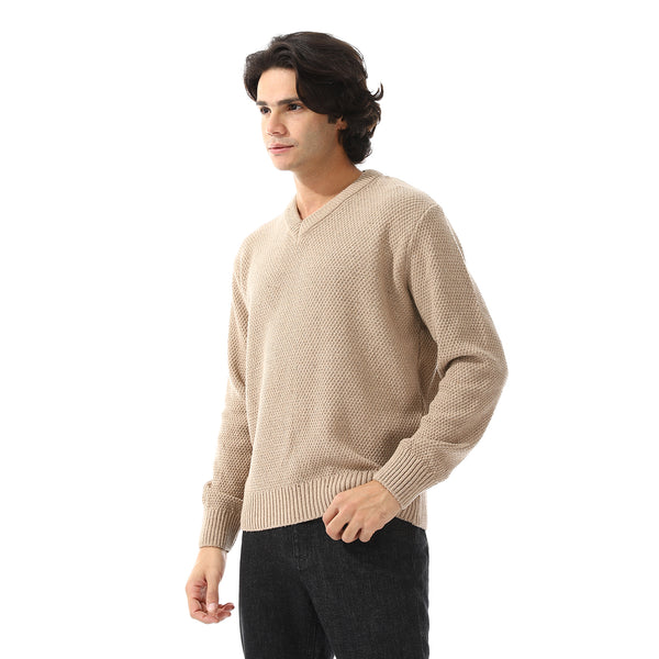 V-Neck Knitted Long Sleeves Pullover - Beige