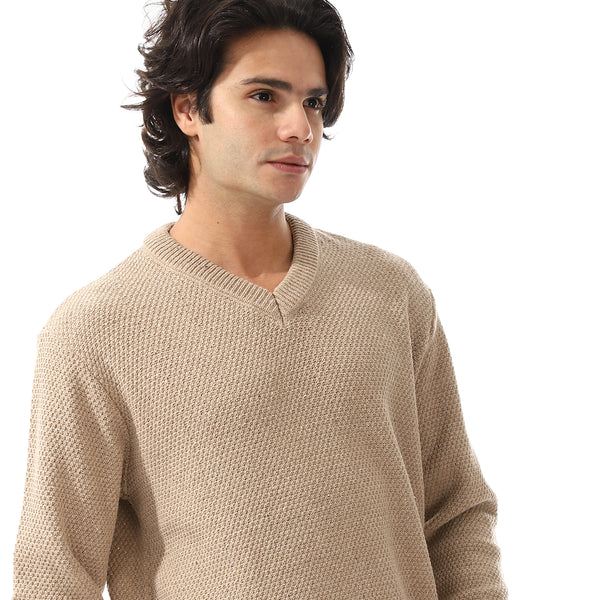 V-Neck Knitted Long Sleeves Pullover - Beige