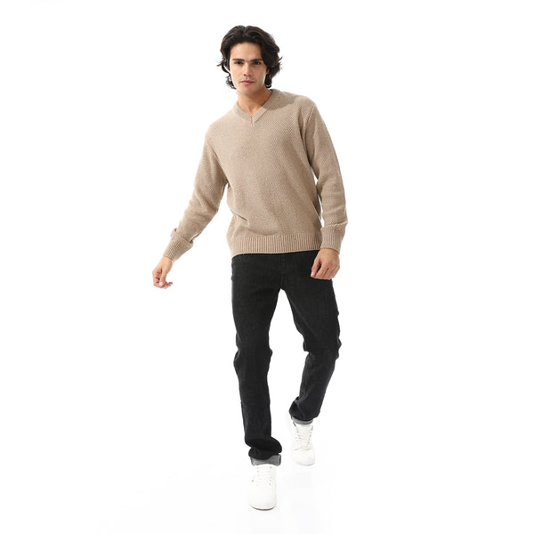 V-Neck Knitted Long Sleeves Pullover - Beige
