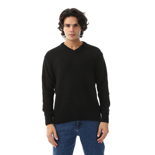 V-Neck Knitted Long Sleeves Pullover - Black