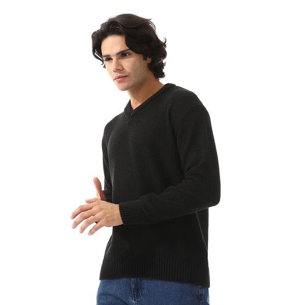 V-Neck Knitted Long Sleeves Pullover - Black