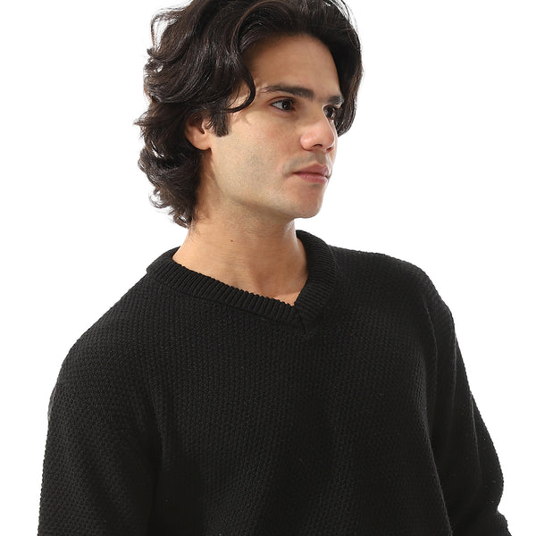 V-Neck Knitted Long Sleeves Pullover - Black