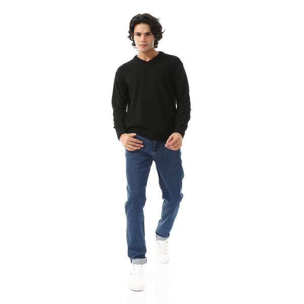 V-Neck Knitted Long Sleeves Pullover - Black