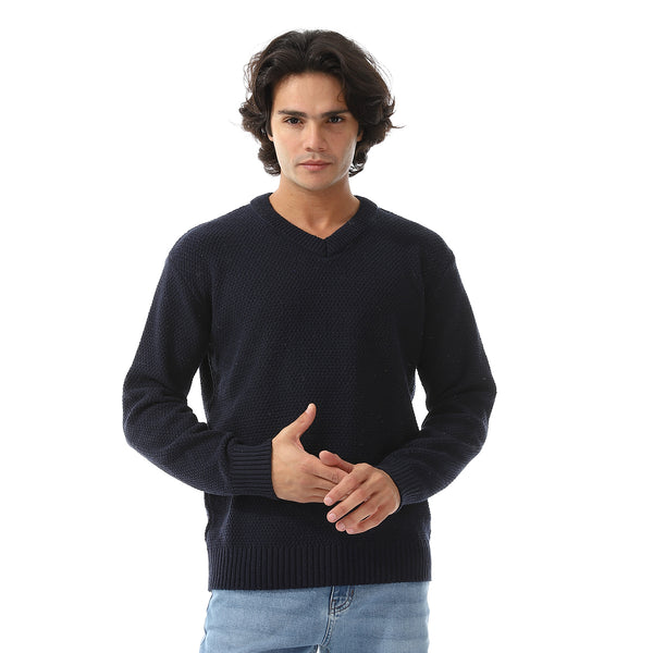 V-Neck Knitted Long Sleeves Pullover - Navy Blue