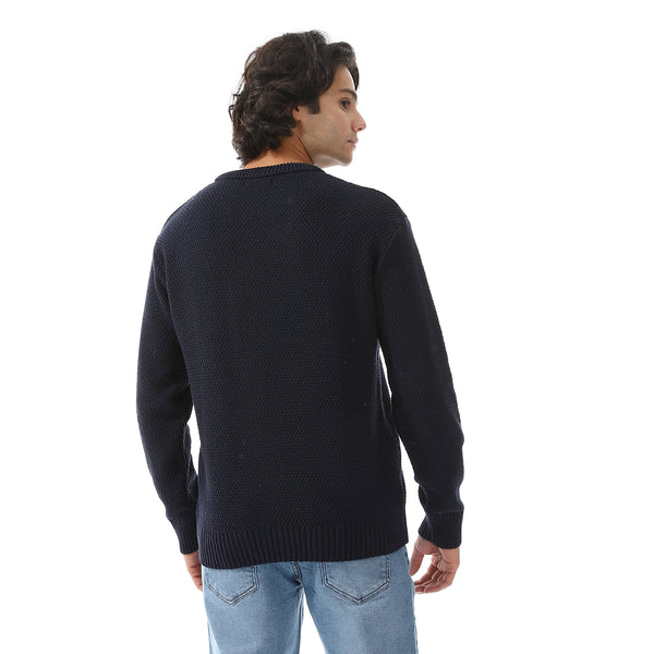 V-Neck Knitted Long Sleeves Pullover - Navy Blue
