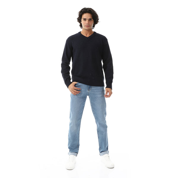 V-Neck Knitted Long Sleeves Pullover - Navy Blue