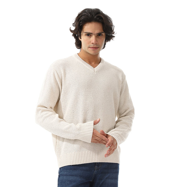 V-Neck Knitted Long Sleeves Pullover - Off White