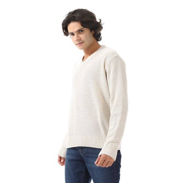 V-Neck Knitted Long Sleeves Pullover - Off White