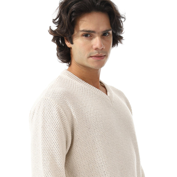 V-Neck Knitted Long Sleeves Pullover - Off White