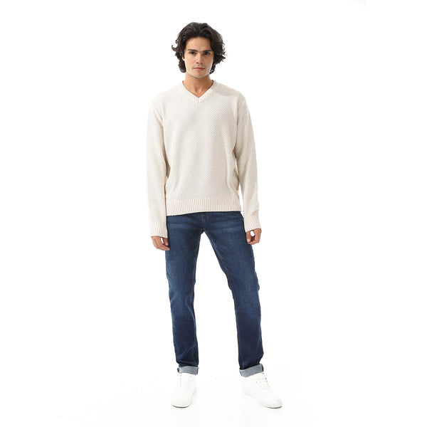 V-Neck Knitted Long Sleeves Pullover - Off White