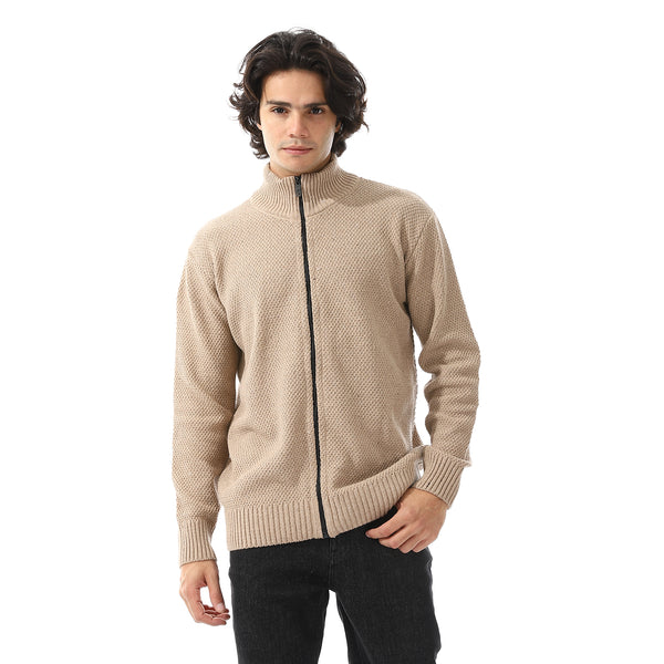 Ribbed Neck & Trim Zipper Sweater - Beige