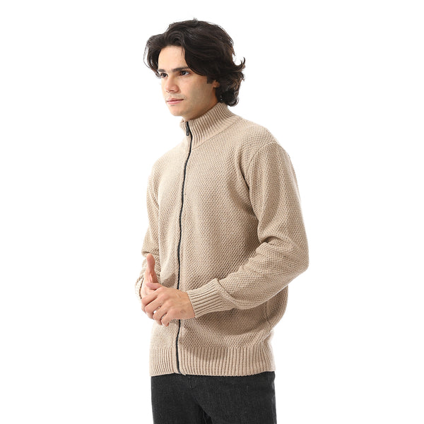 Ribbed Neck & Trim Zipper Sweater - Beige