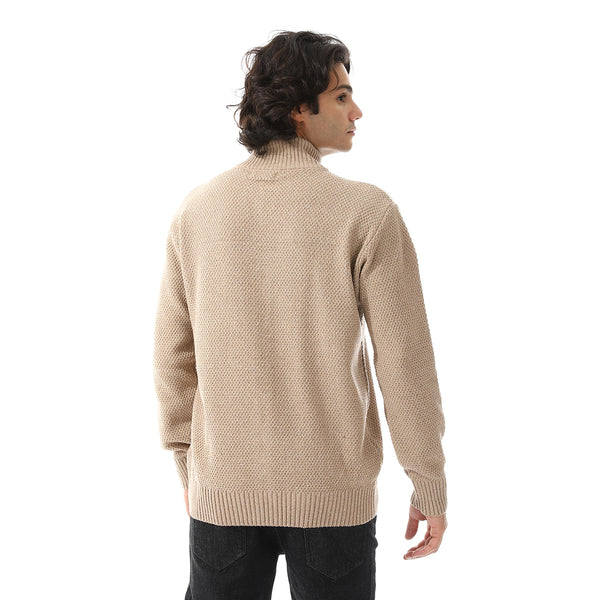 Ribbed Neck & Trim Zipper Sweater - Beige