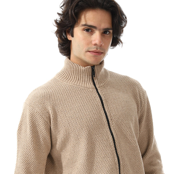 Ribbed Neck & Trim Zipper Sweater - Beige