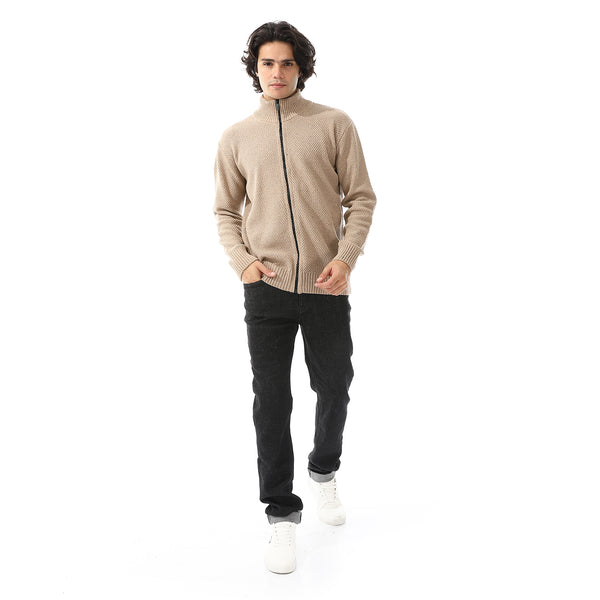 Ribbed Neck & Trim Zipper Sweater - Beige