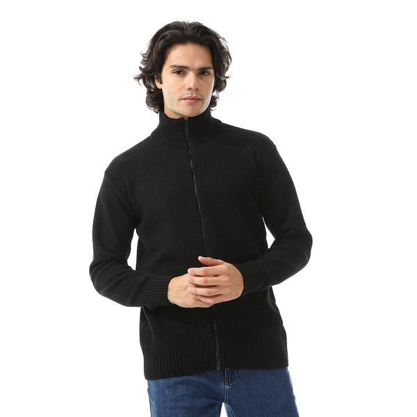 Ribbed Neck & Trim Zipper Sweater - Black