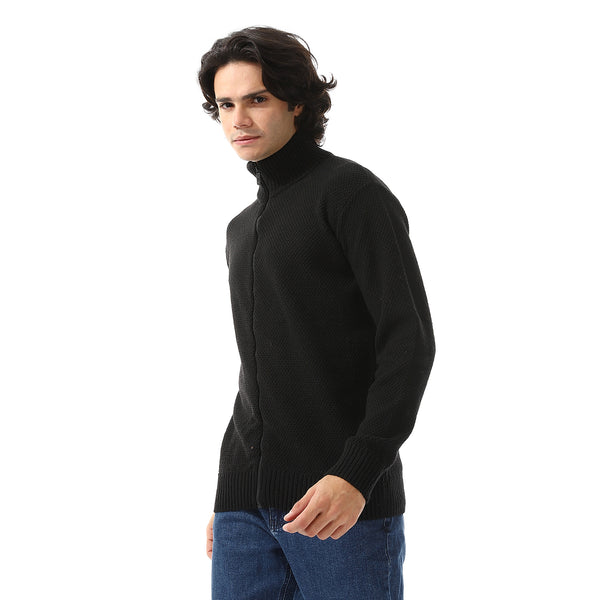 Ribbed Neck & Trim Zipper Sweater - Black