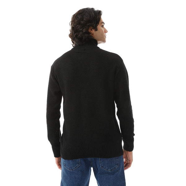 Ribbed Neck & Trim Zipper Sweater - Black