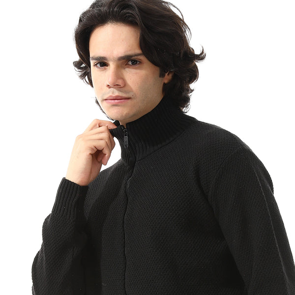 Ribbed Neck & Trim Zipper Sweater - Black