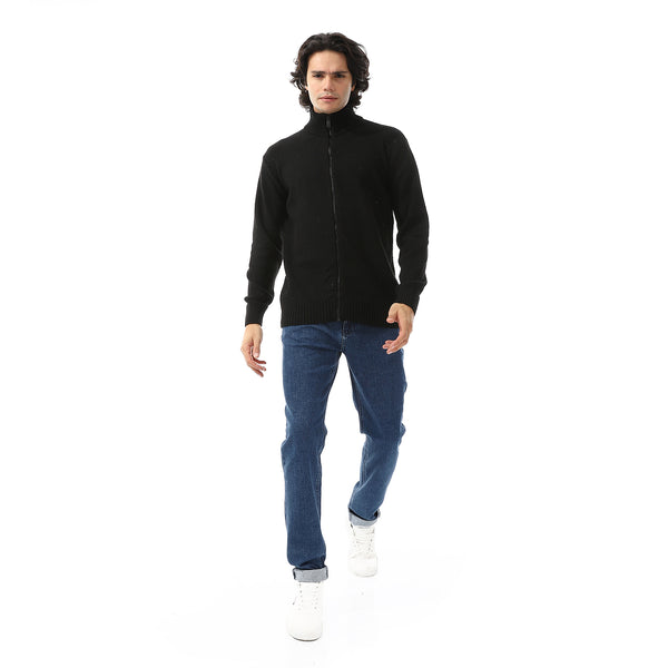 Ribbed Neck & Trim Zipper Sweater - Black