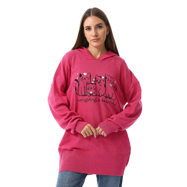 Hot Pink Cats Embroidered Pattern Hooded Sweater