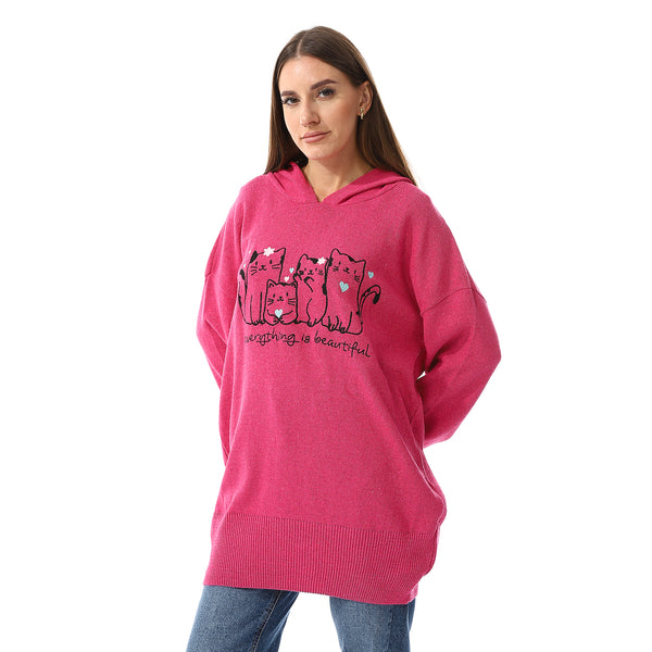 Hot Pink Cats Embroidered Pattern Hooded Sweater