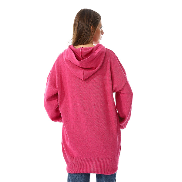 Hot Pink Cats Embroidered Pattern Hooded Sweater
