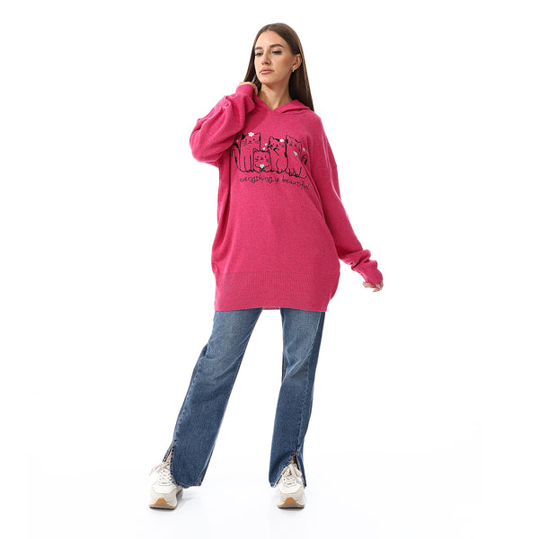 Hot Pink Cats Embroidered Pattern Hooded Sweater