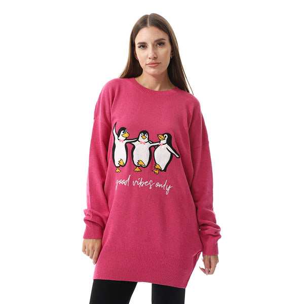 "Good Vibes Only" Pattern Crew Neck Hot Pink Sweater