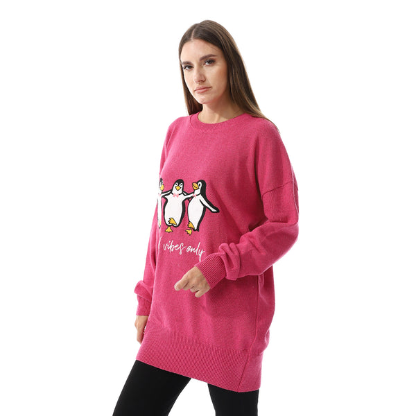 "Good Vibes Only" Pattern Crew Neck Hot Pink Sweater