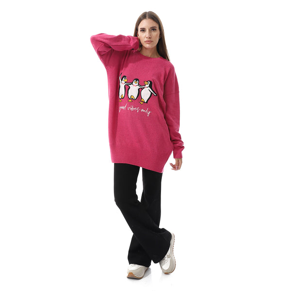 "Good Vibes Only" Pattern Crew Neck Hot Pink Sweater