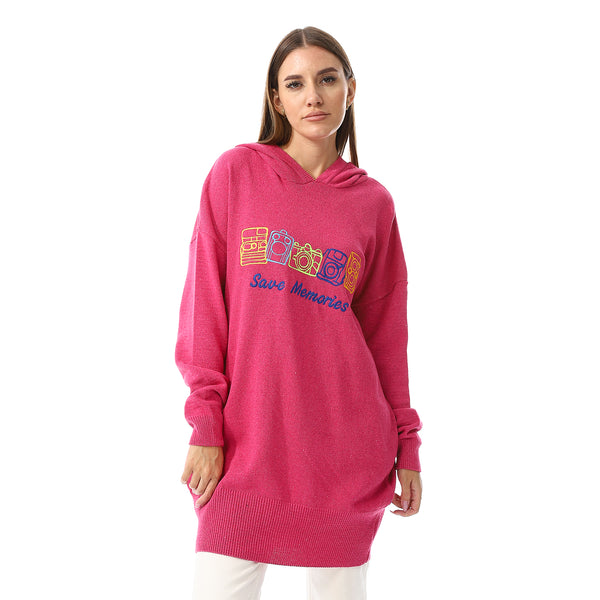 Hot Pink Save Memories Embroidered Pattern Hooded Sweater