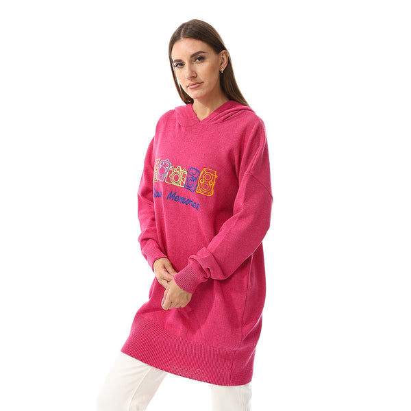 Hot Pink Save Memories Embroidered Pattern Hooded Sweater