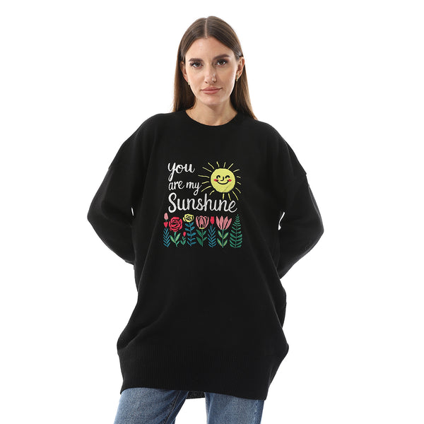 "You Are My Sunshine" Pattern Slip On Black Sweater