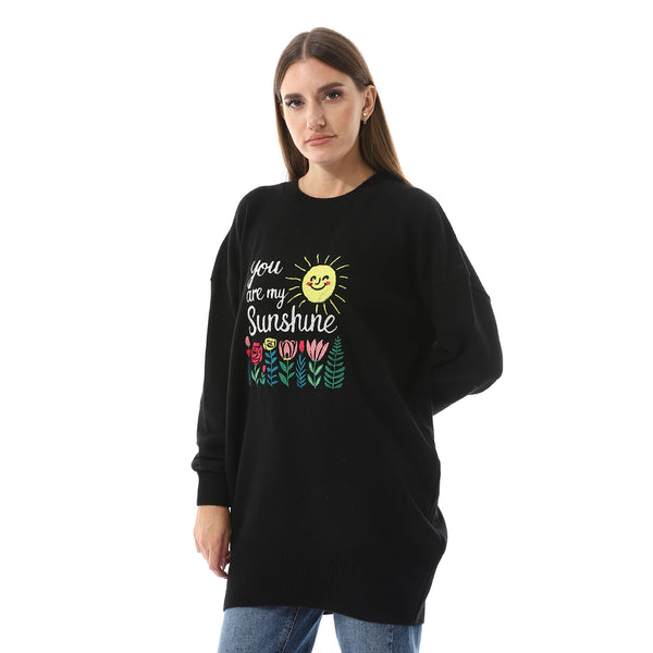 "You Are My Sunshine" Pattern Slip On Black Sweater