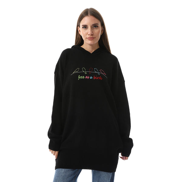 "Free As A Birds" Pattern Black Hooded Sweater