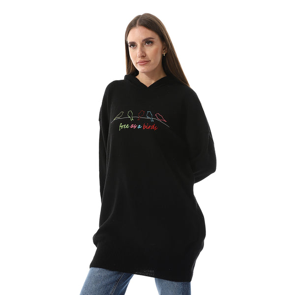 "Free As A Birds" Pattern Black Hooded Sweater
