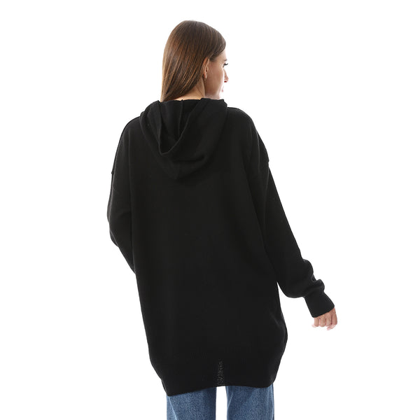 "Free As A Birds" Pattern Black Hooded Sweater