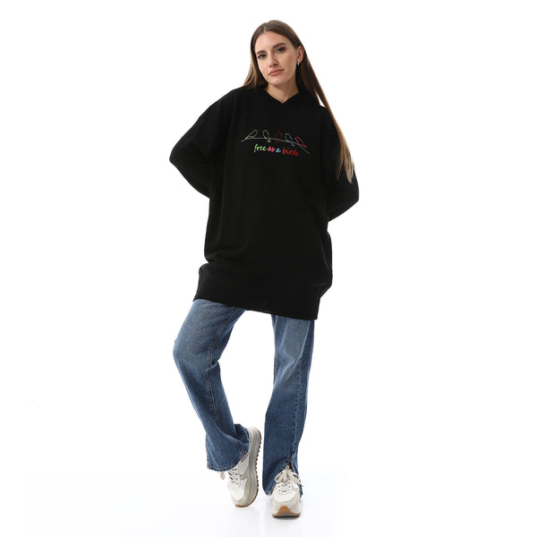 "Free As A Birds" Pattern Black Hooded Sweater