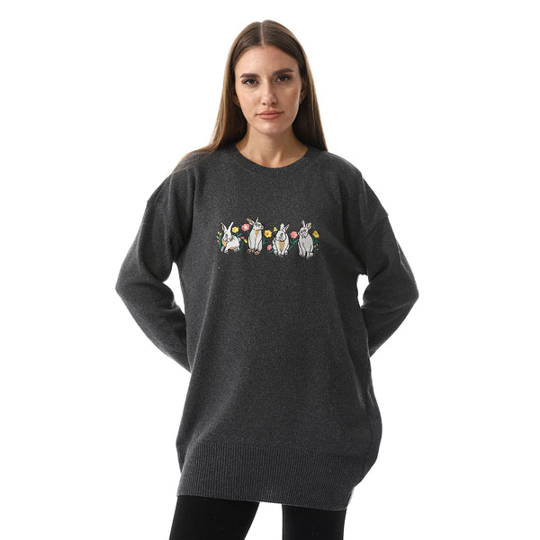 Loose Fit Embroidered Sweater - Dark Grey