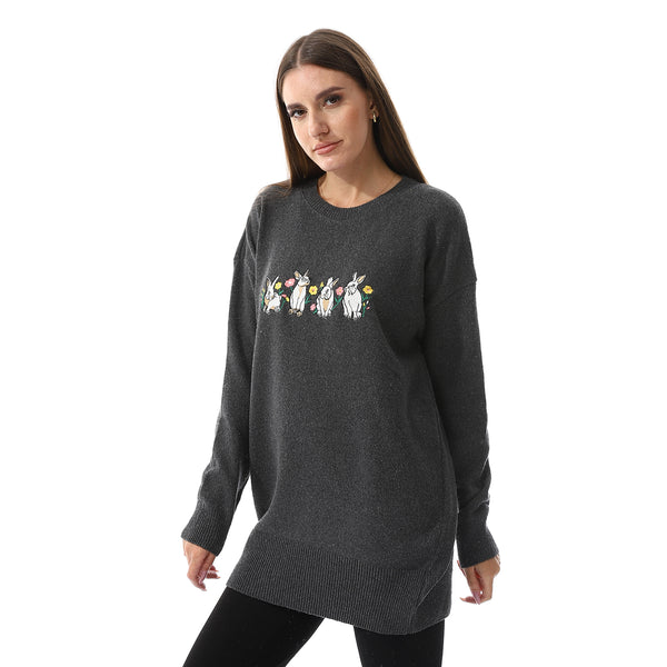 Loose Fit Embroidered Sweater - Dark Grey