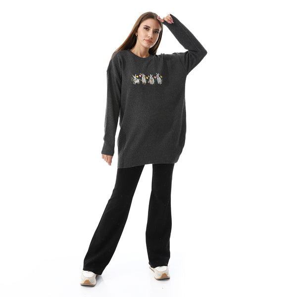 Loose Fit Embroidered Sweater - Dark Grey