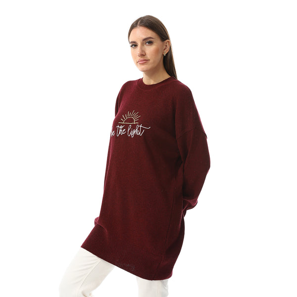 Long Sleeves Embroidered Sweater - Burgundy