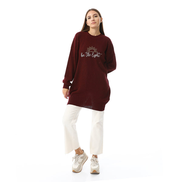 Long Sleeves Embroidered Sweater - Burgundy