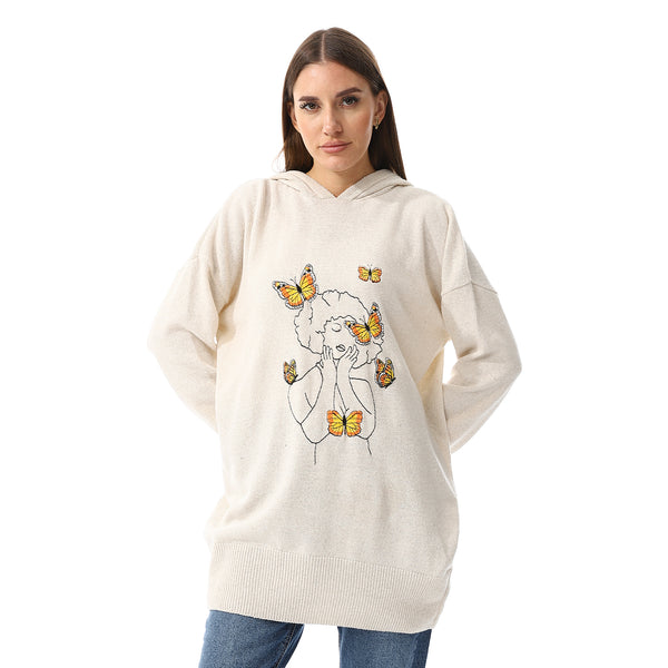 Embroidered Slip On Hooded Sweater - Cream Beige