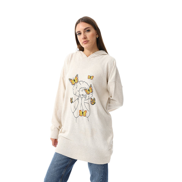 Embroidered Slip On Hooded Sweater - Cream Beige