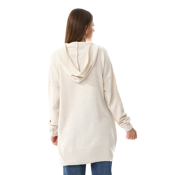 Embroidered Slip On Hooded Sweater - Cream Beige