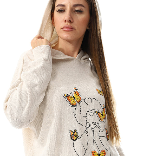 Embroidered Slip On Hooded Sweater - Cream Beige