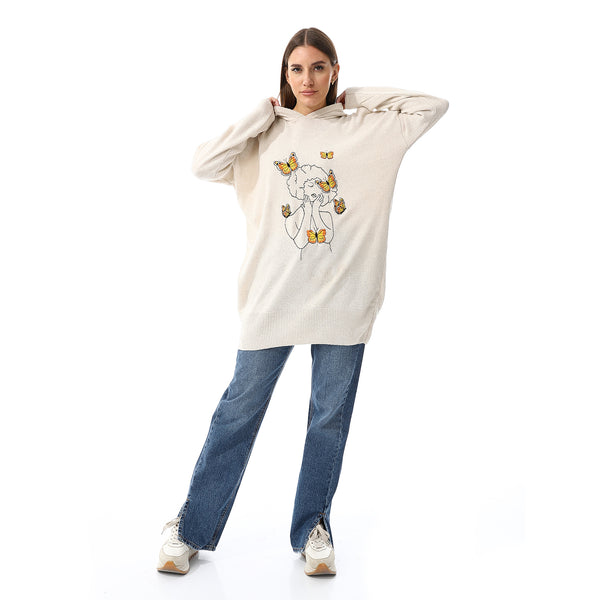 Embroidered Slip On Hooded Sweater - Cream Beige